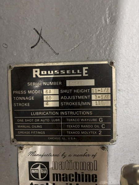 60 TON ROUSSELLE MODEL #6A OBI PRESS, 4" STROKE: YOBRO #22527