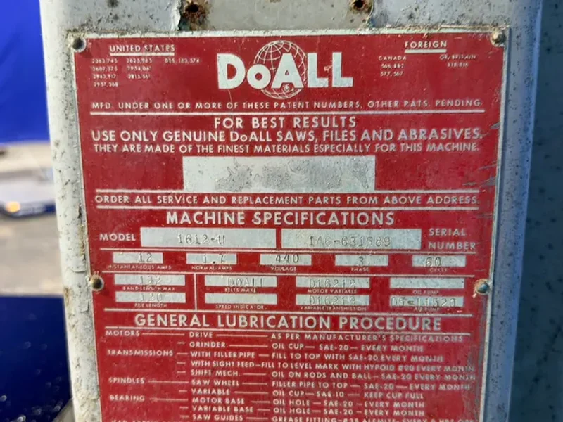 DOALL 15” VERTICAL BAND SAW  -  1612-U