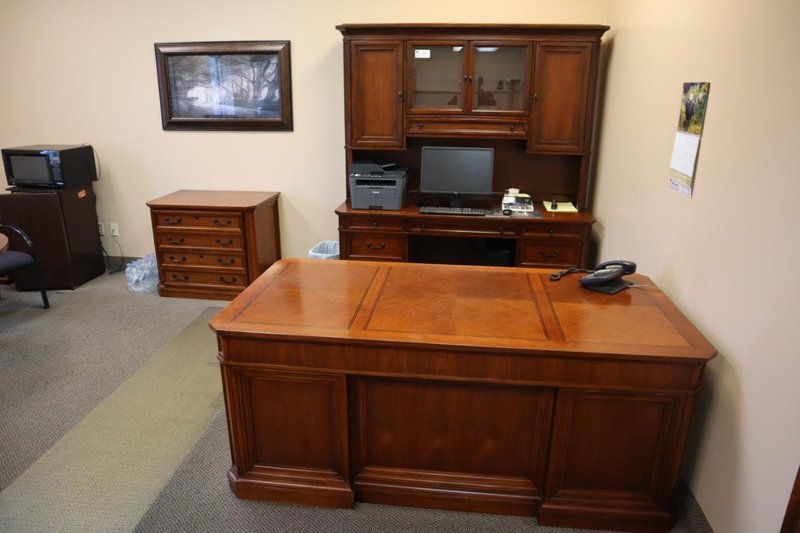 Office Desk, Credenza, Book Case, Lateral File Cabinet Table  (3) Pieces - NO CONTENTS- Auction Item