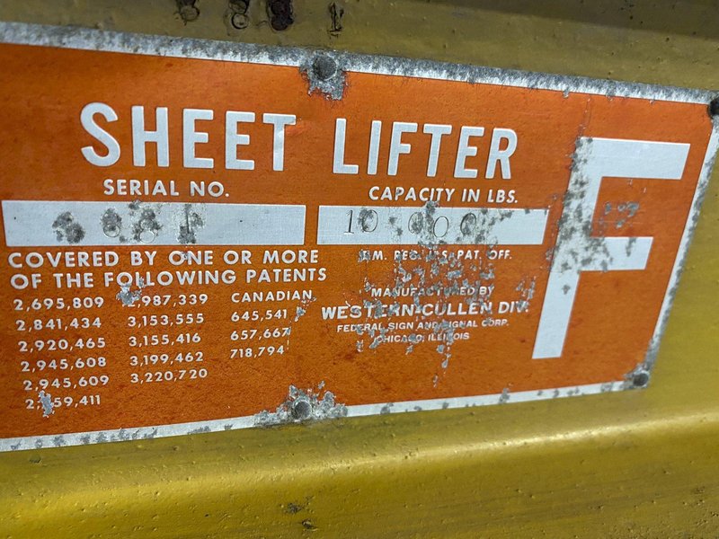 10,000 LB X 96" X 20"-48" ADJUSTABLE CULLEN FRIESTEDT C F PARALLELOGRAM SHEET LIFTER STOCK #3177