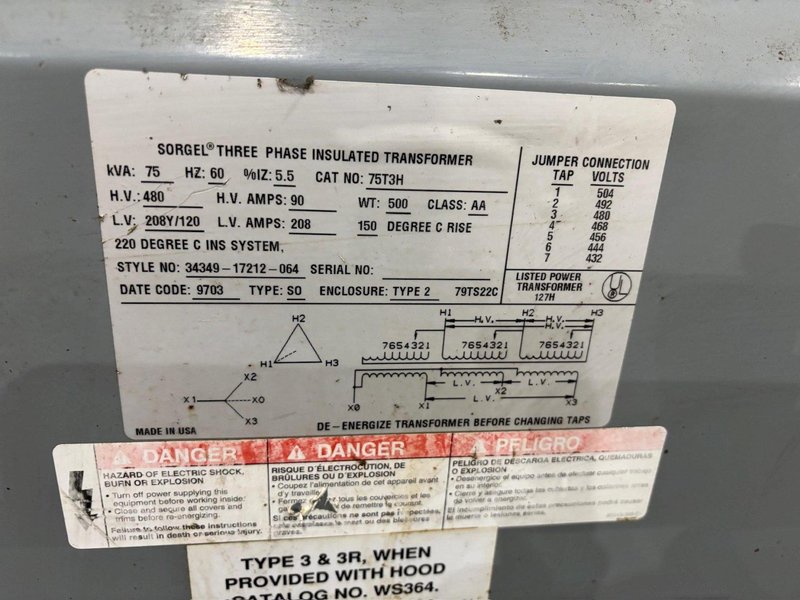 75 KVA SORGEL ELECTRICAL TRANSFORMER 480 &lt;-&gt; 208Y/120 VOLT: YOBRO #24367