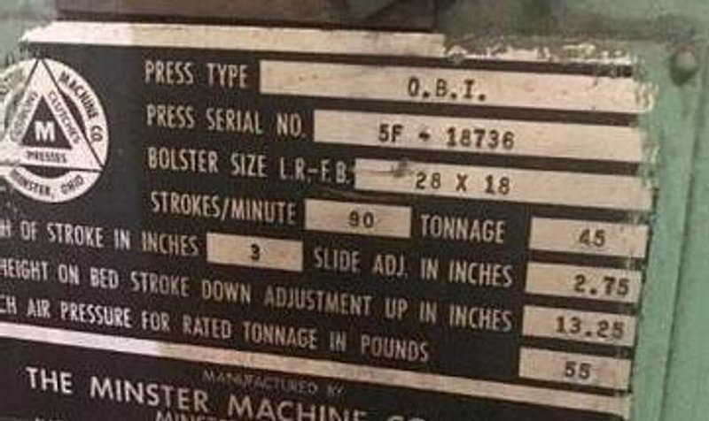 45 Ton Minster O.B.I. Press 5F, 3" Str., 13-1/4" SH, 90 SPM, AC