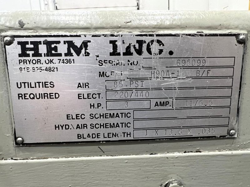 12.75" x 12.75" HEM H-90A-1 -B/F AUTOMATIC HORIZONTAL BAND SAW