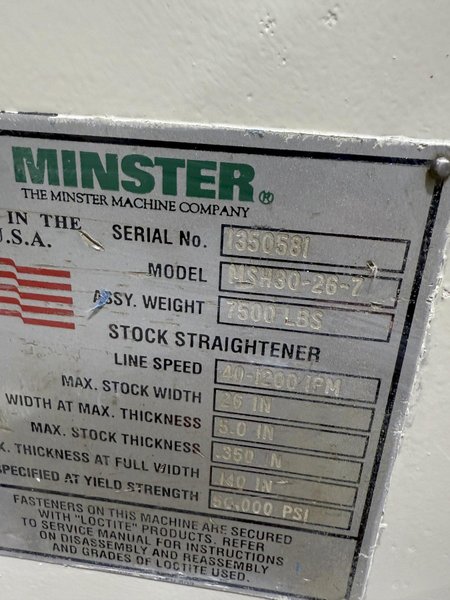 15,000 lbs. x 26&quot; Wide Minster Conventional Servo Coil Feed Line, Year 1997