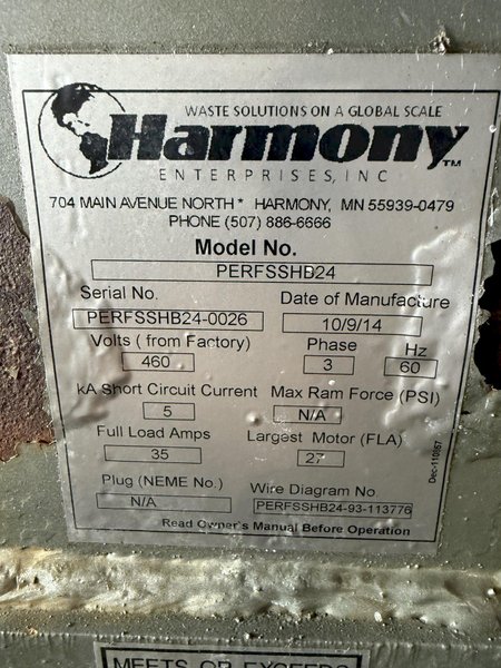 30" X 30" HARMONY ENTERPRISES EXTRACT PLUS HORIZONTAL BALER &amp; PERFERATOR, FOR CAN &amp; BOTTLES LIQUID EXTRACTION: YOBRO #25023