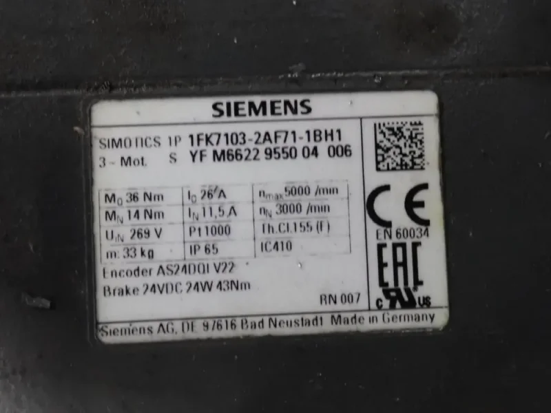 SIEMENS 5000 RPM SERVO MOTOR  -  1FK7103-2AF71-1BH1