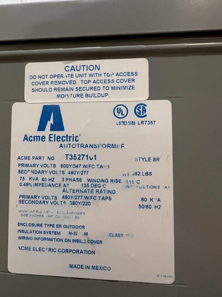 7.5 KVA ACME 660 TO 480 VOLT TRANSFORMER: STOCK #18885