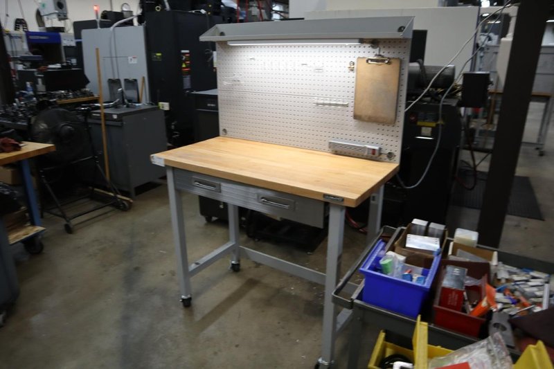Portable Work Bench with Maple Top, Upper Shelf, Drawer, Work light- Auction Item