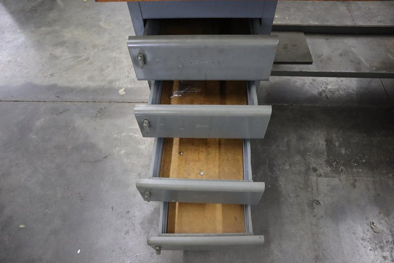 Equipton Work Bench, Wood Top, Upper Shelf, Lower Shelf, Base with 4-Drawers and Cabinet- Auction Item