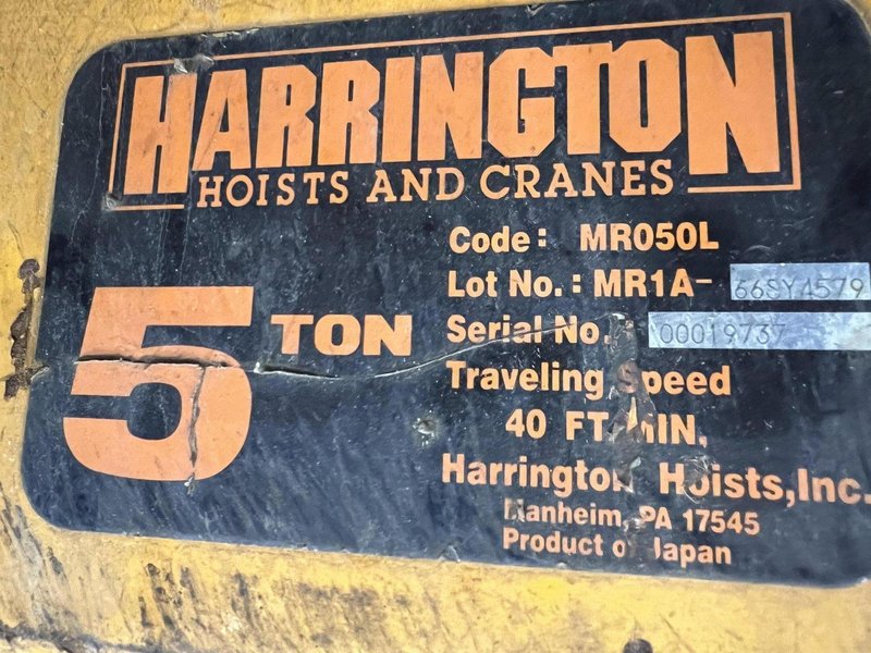 10,000 LB (5 TON) HARRINGTON MOTORIZED CHAIN HOIST W/ POWER TROLLEY: STOCK #19956