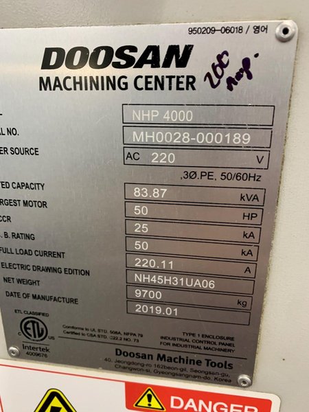 2019 DOOSAN NHP 4000 Horizontal Machining Center