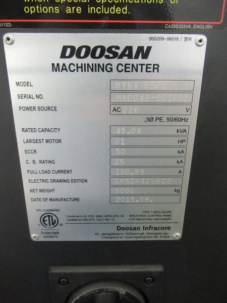 Doosan Mynx 6500/40 CNC Vertical Machining Center with Doosan-Fanuc i Series CNC Control,  30-ATC Thru Spindle Coolant, 12,000 RPM, CAT 40,- Auction Item