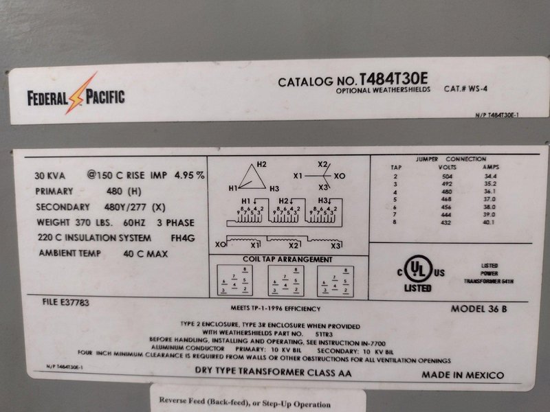30 KVA FEDERAL PACIFIC 480 TO 480Y/277 3 PHASE ELECTRIC TRANSFORMER: STOCK #17219