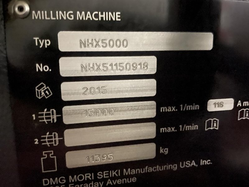 DMG Mori NHX5000 CNC Horizontal Machining Center with Pallet Changer, High Pressure Thru-Spindle Coolant, 60 Station Tool Changer, 50 HP High Torque 15,000 RPM Spindle