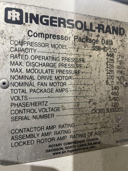 2000 Ingersoll rand model ssr-ep100-2s 100 hp Screw type  air compressor s/n CK3513U00201, 24,785 hours  air cooled