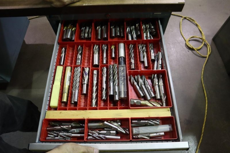 Lista Cabinet Base Work Bench, Maple Top, Portable on Caster, (10) Drawer, Upper Shelf - With Cutting Tool Contents- Auction Item