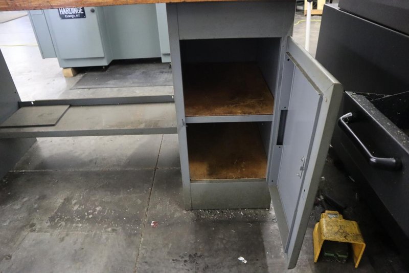 Equipton Work Bench, Wood Top, Upper Shelf, Lower Shelf, Base with 4-Drawers and Cabinet- Auction Item