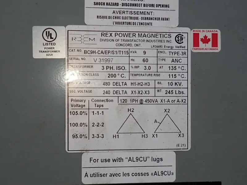 REX 9 KVA TRANSFORMER  -  BC9H-CA/EP/S1/T115