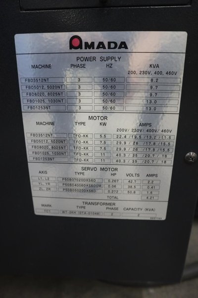 Amada FABIII-1025 CNC Hydraulic Press Brake, 110 Ton x 98.4&quot;, AMNC PC Control, Up-Acting, 6- Axis BG, Light Curtain- Auction Item