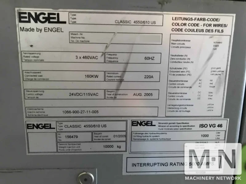 610 TON 105 OZ ENGEL MODEL CL4550/610 INJECTION MOLDER MFG 2005