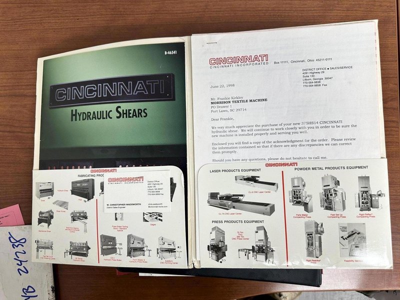 14' X 3/8" CINCINNATI MODEL 375-HS HYDRAULIC SHEAR WITH BACK GAUGE; FLOOR STANDING, NEW 1998: YOBRO #24238
