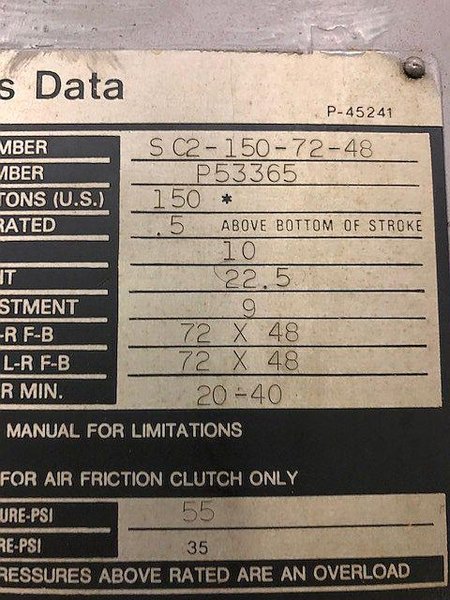 150 ton Niagara SE2-150-72-48 Straight Side Press, New 1989