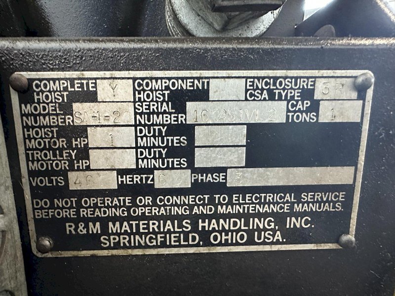 1 TON R&amp;M SPACEMASTER CABLE HOIST. STOCK # 0315722