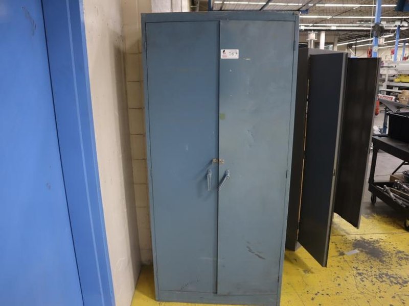 2 Door Metal Cabinet with Contents, Hand Tools, Powder Coating Gun and Cabinet Parts,  Air Fittings- Auction Item