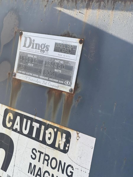 DIngs model 134850 36" x 72" centers cross belt electric magnetic belt conveyor with drive and controls s/n 170210 product 44a spl cbsc, 175 volt dc, 6483 watts with DIngs model 8k5d4811-4sp rectifier 480 volt, 9 amp, 6500 watts, s/n 134977