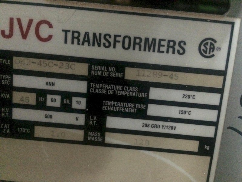 Transformer 45 KVA  600 V to  208 V