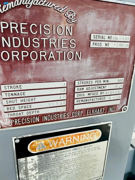 60 TON FEDERAL / PRECISION INDUSTRIES OBI PRESS, 3" STROKE: STOCK # 4359