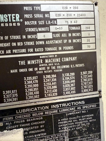 200-ton Minster E2-200-72-42 Hevi-Stamper Straight Side Stamping Press For Sale, Year 1981