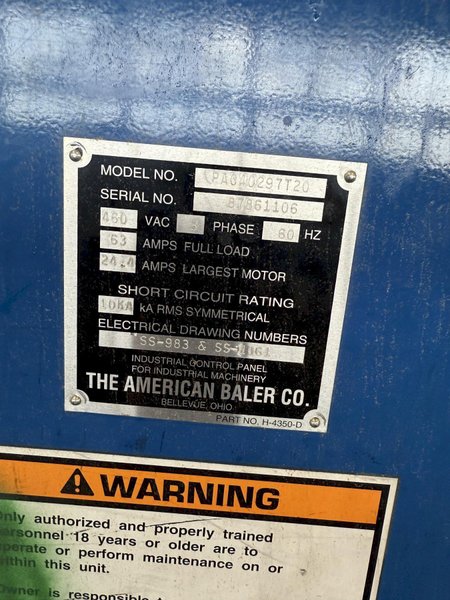 30&quot; X 48&quot; X 72&quot; AMERICAN PAC40297T20 AUTO-TIE BALER SYSTEM. STOCK # 0671025