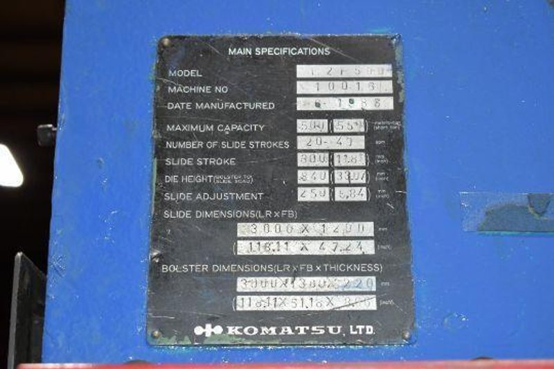 500 ton Komatsu Model E2P 500 Straight Side Metal Stamping Press For Sale, Year 1988 - Reconditioned