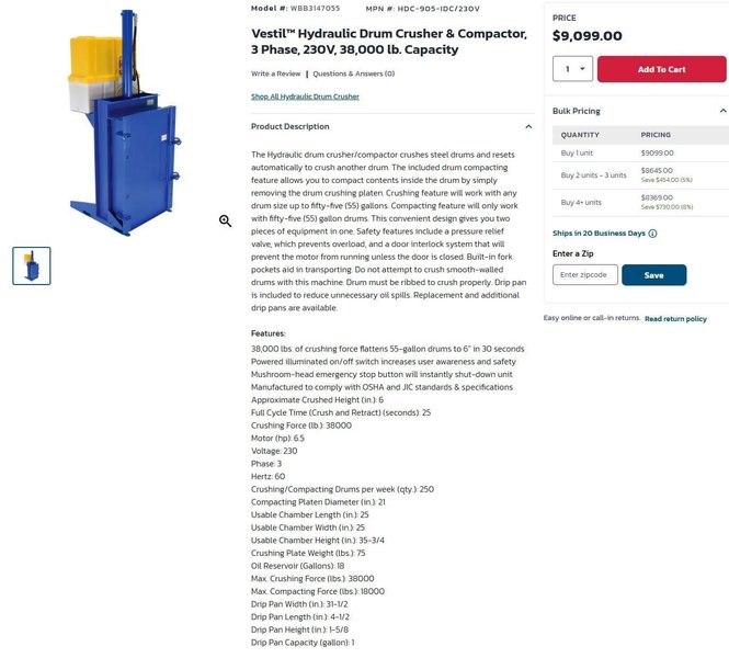 55 GALLON DRUM VESTIL HYDRAULIC CRUSHER &amp; COMPACTOR, MODEL #WBB3147055: YOBRO #24913