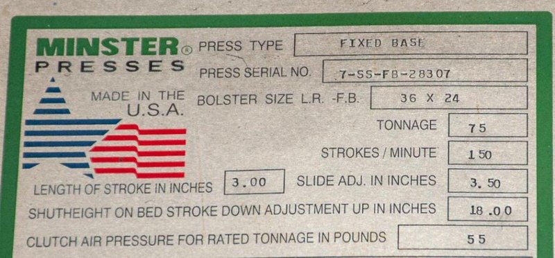 75 TON MINSTER MODEL #7 GAP FRAME PRESS, 3&quot; STROKE: STOCK #15353