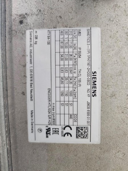 Siemens SIMOTICS 1PH7167 – 40 HP CNC Spindle Motor, 34 kW, 458 Nm, IP55 - German Precision - Excellent condition