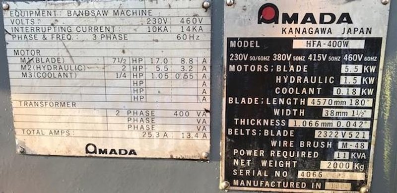 16" X 16" AMADA MODEL #HFA400W AUTOMATIC HORIZONTAL BAND SAW