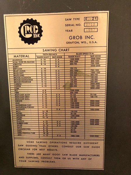 Grob Vertical  Band Saw Model Model 4V-24