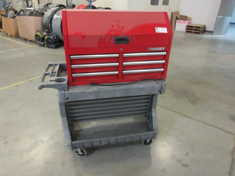Husky 6-Drawer Top Tool Chest with Power Strip on Uline H-1495 Mobile Work Station with Contents- Auction Item