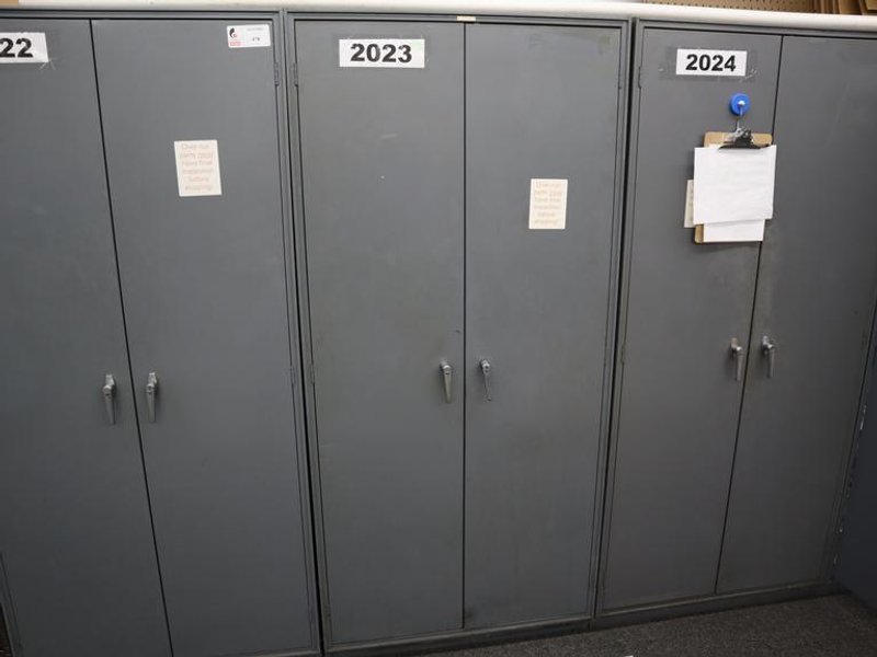 Metal 2 Door Heavy Duty Storage Cabinets (3 Units) with Adjustable Shelves and Contents of Plastic Bins and Parts- Auction Item