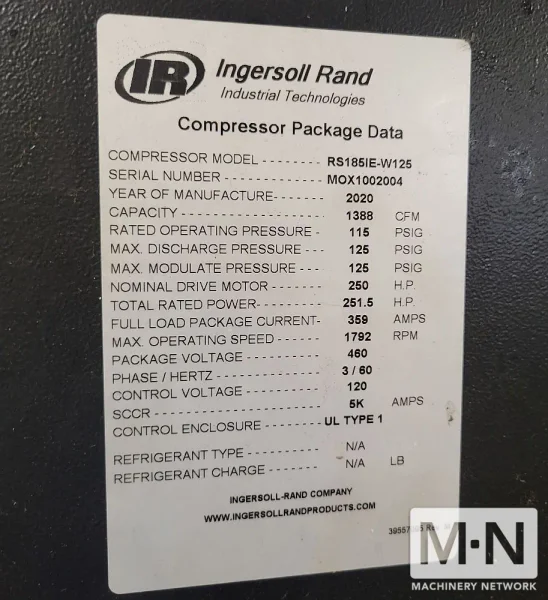 250HP Ingersoll Rand RS185ie-W125 Rotary Screw Air Compressor - New 2020
