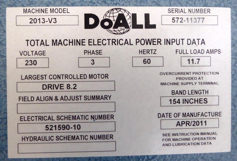 20" Doall Vertical Band Saw 2013-V3, 13" Under Guide, 30-5500 FPM, 26" x 26" Tbl., 3 HP, Excellent