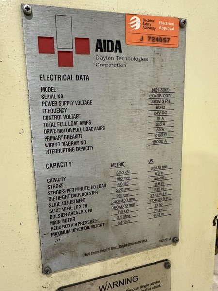 88 TON AIDA MODEL #NC1-80(2) GAP FRAME PRESS, 6.3&quot; STROKE: STOCK #20264