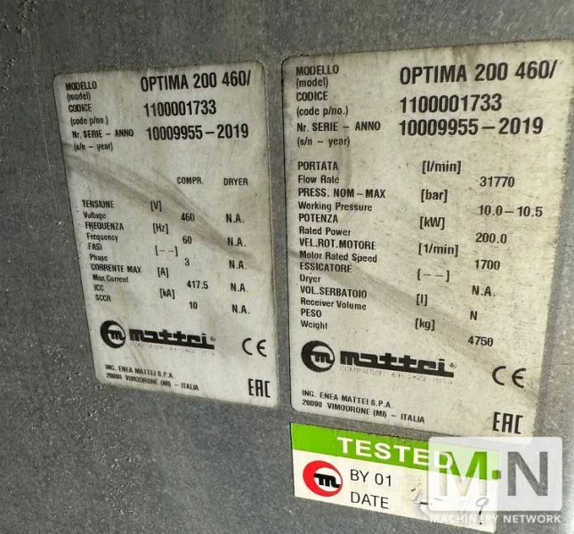 275HP Mattei Optima 200 Sliding Vane, Vari-speed Air Compressor - New 2019