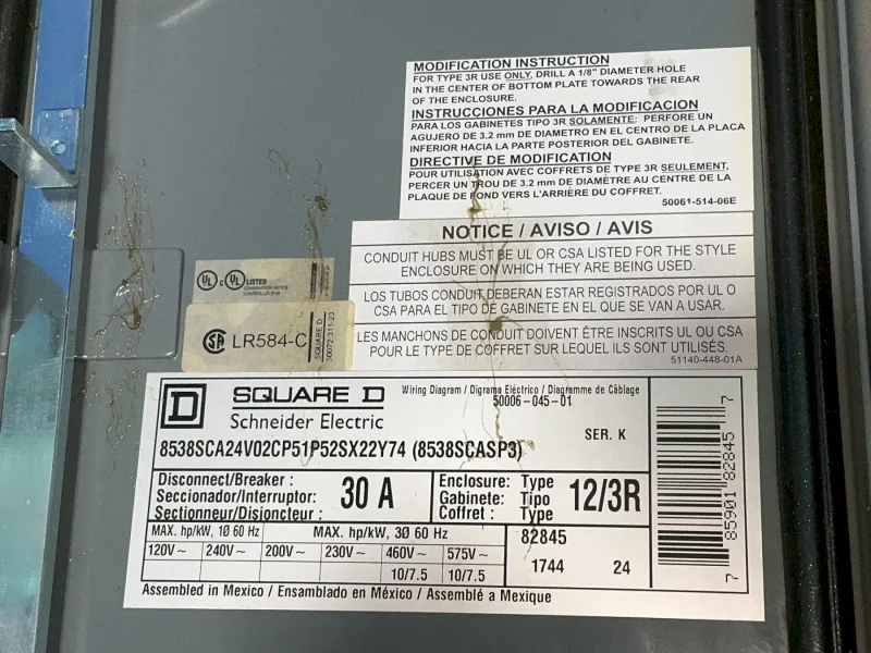 SQUARE D 10/7.5HP COMBINATION MAGNETIC STARTER  -  8538SCA24V02CP51P52SX22Y74 (8538SCASP3)
