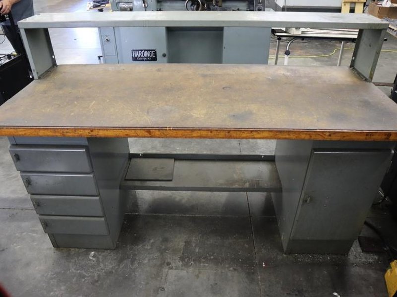 Equipton Work Bench, Wood Top, Upper Shelf, Lower Shelf, Base with 4-Drawers and Cabinet- Auction Item