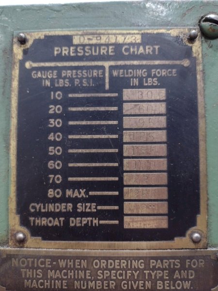 30 KVA X 8&quot; TAYLOR WINFIELD AIR OPERATED SPOT WELDER: STOCK #20249