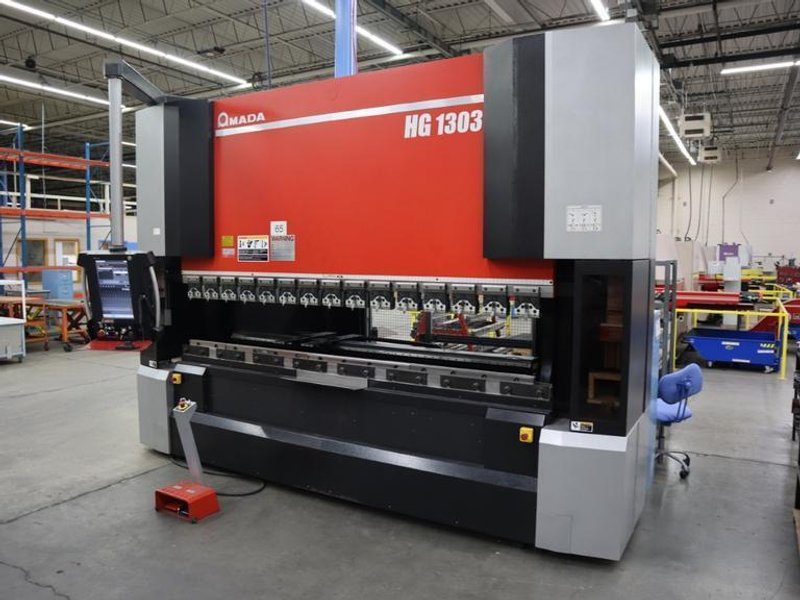 Amada HG 1303 CNC Hydraulic Press Brake, 143 Ton x 112.4", Down-Acting, AMNC 3i Control, 6-Axis BG, Curtains