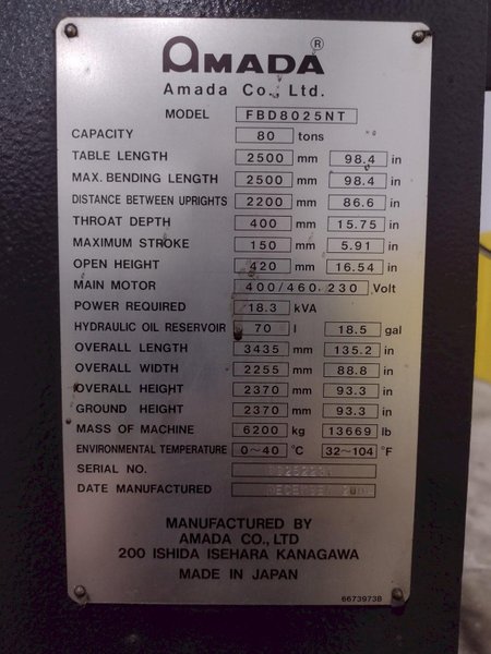 80 TON X 8&#039; AMADA MODEL #FBD-8025 NT CNC HYDRAULIC PRESS BRAKE NEW 2004 : STOCK #23473